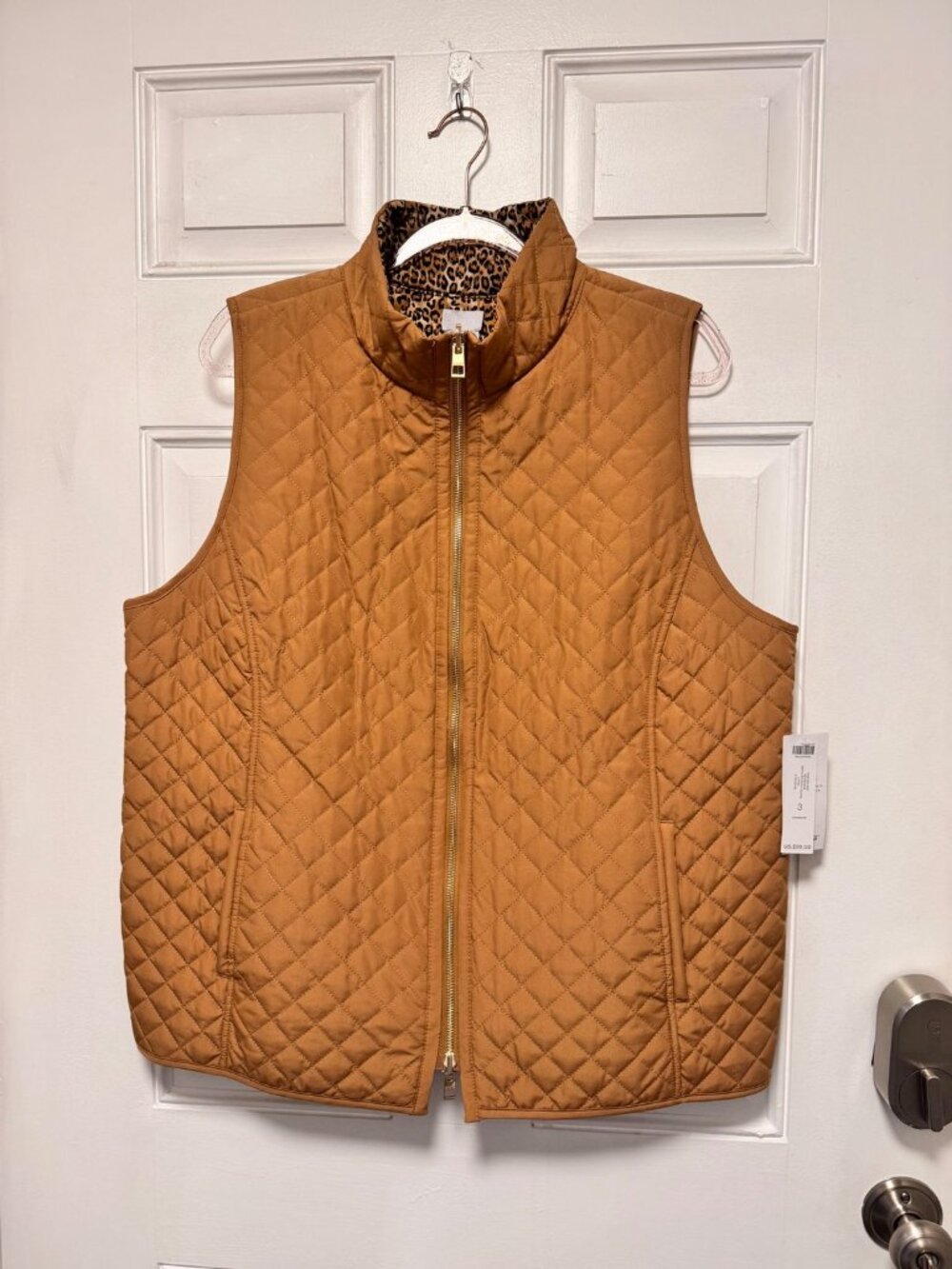 Chico's Quilted Reversible Vest Camel Brown Leopard Print Fall Layering Size XL